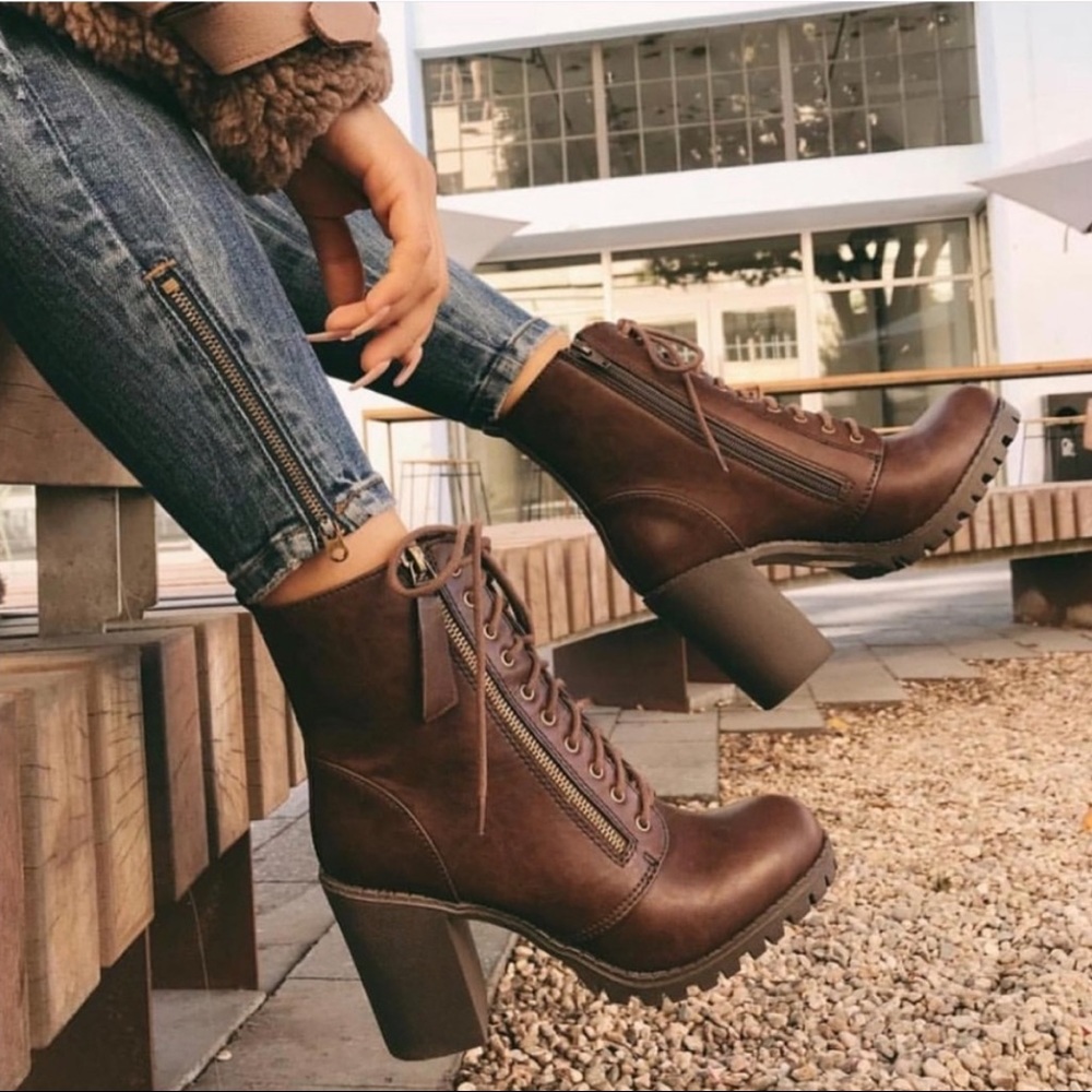 Brown Lace Up High Chunky Heel Combat Boots
